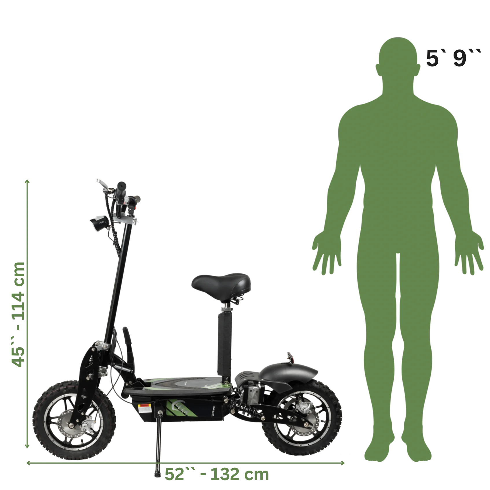 ROSSO COBRA OUTDOOR STAND-UP ELECTRIC SCOOTER GREEN WITH SEAT, FOLDABLE