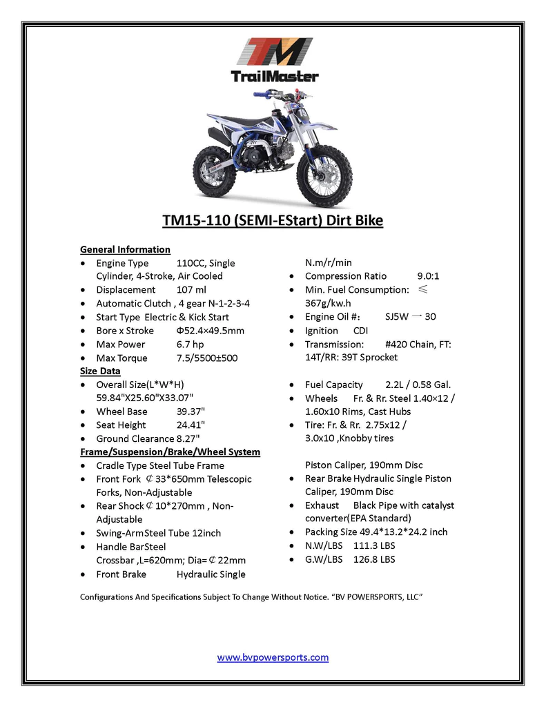 TrailMaster TM15-110 Dirt Bike: 12/10 Inch Wheels, Electric & Kick Start, Semi-Automatic