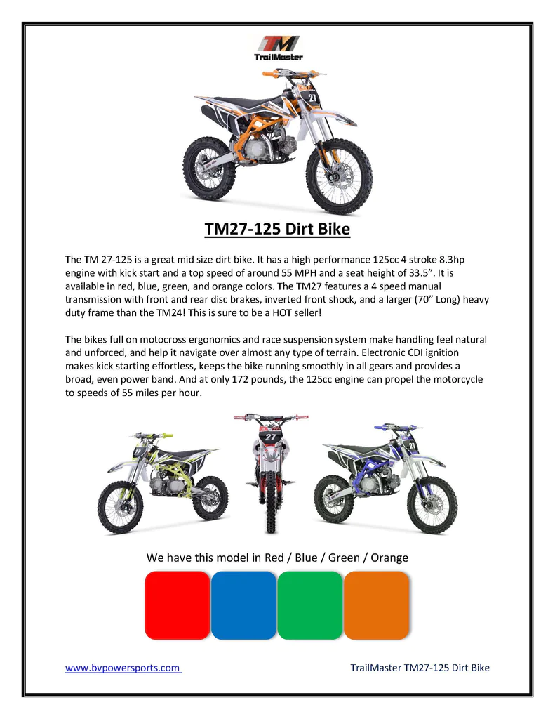 TrailMaster TM27-125 Manual Dirt Bike 17/14, Large Front Wheels