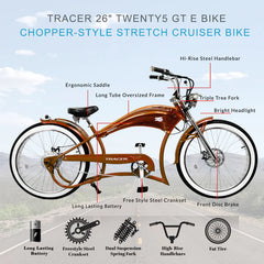 Tracer Twenty5 GT 500W 26" Chopper Cruiser E-Bikes