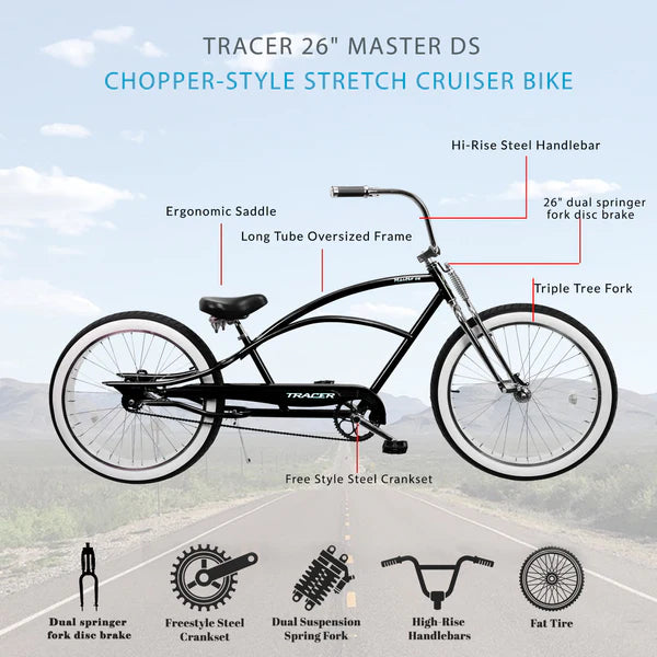 Tracer Master DS Dual Springer Chopper Stretch Beach Cruiser Bike