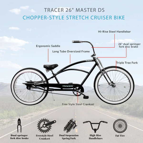 Tracer Master DS Dual Springer Chopper Stretch Beach Cruiser Bike Epic Wheelz