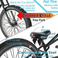 Tracer Siena GT 26'' Chopper Stretch Cruiser Fat Tire Bikes Oversized Frame, Hi-rise Handlebar, available in 1 Speed/7 Speed