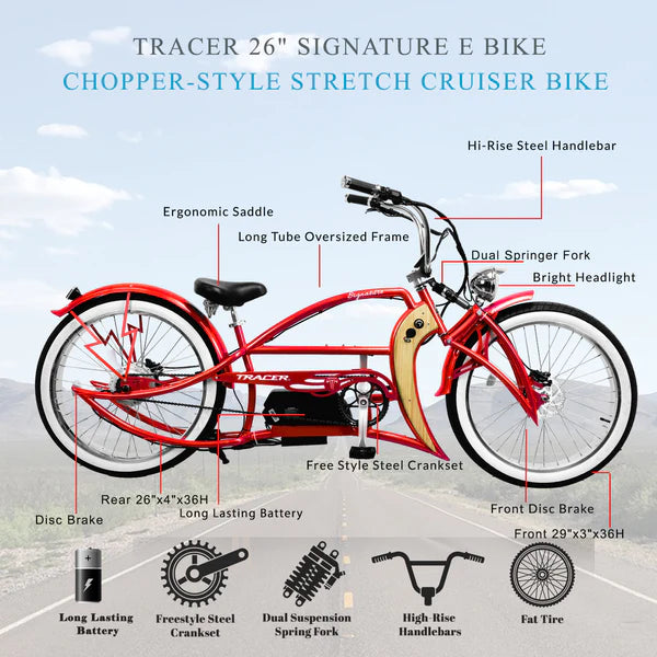 Tracer Twenty5 800W Chopper Stretch Cruiser Ebike - Tracer Bikes GTS / Blue Tracer Twenty5 800W Chopper Stretch Cruiser Ebike - Tracer Bikes GTS / Blue