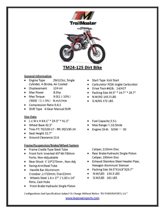 TrailMaster TM24-125 Dirt Bike Manual 17 Inch Front Tire 14” back 4 Speed