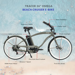 Tracer OMEGA 26" 7 Speed Electric Beach Cruiser Bike for Men.